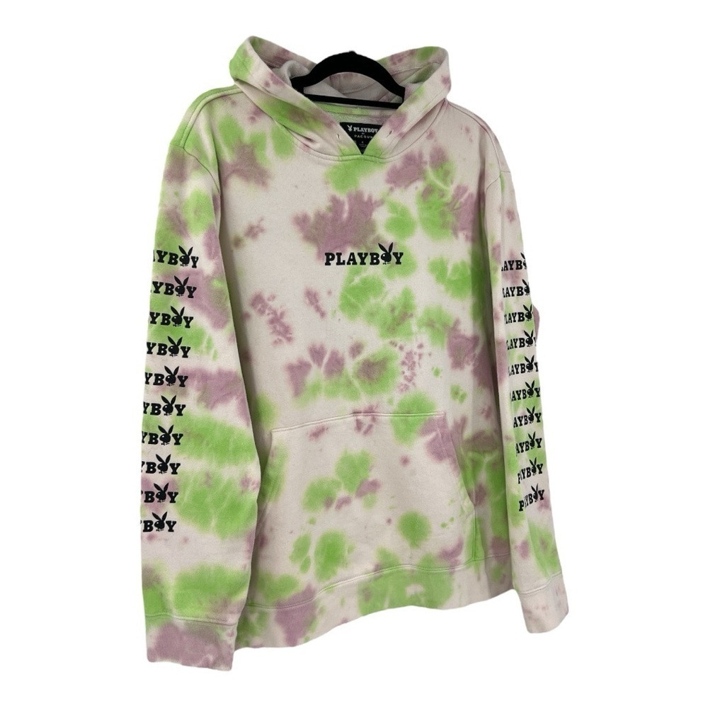 PLAYBOY X PAC SUN Mens Hoodie Large Pullover Tie Dye Green Pink White Y2K 90's L - Picture 2 of 9